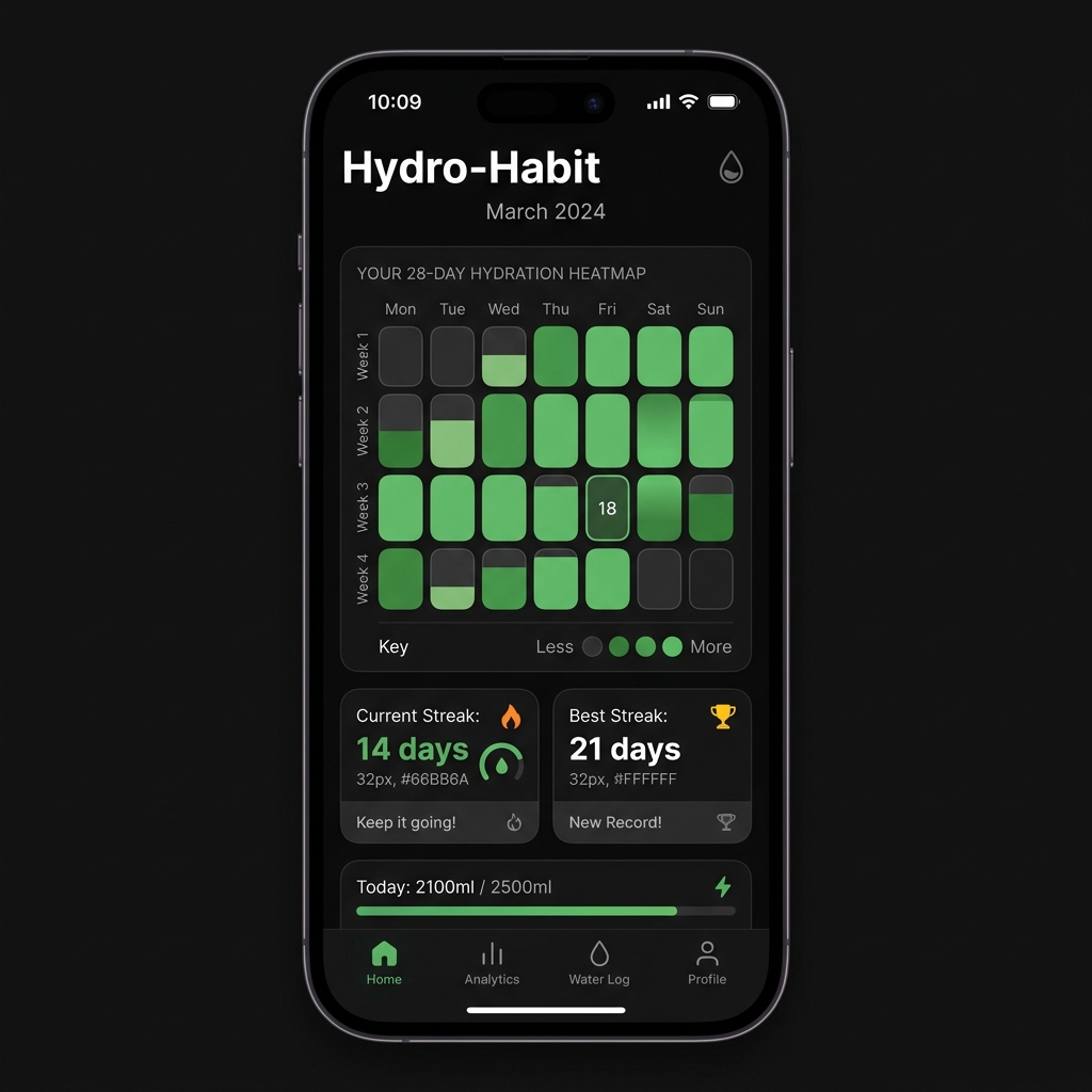 Hydro-Habit mobile dashboard showing 28-day hydration heatmap and streak tracking