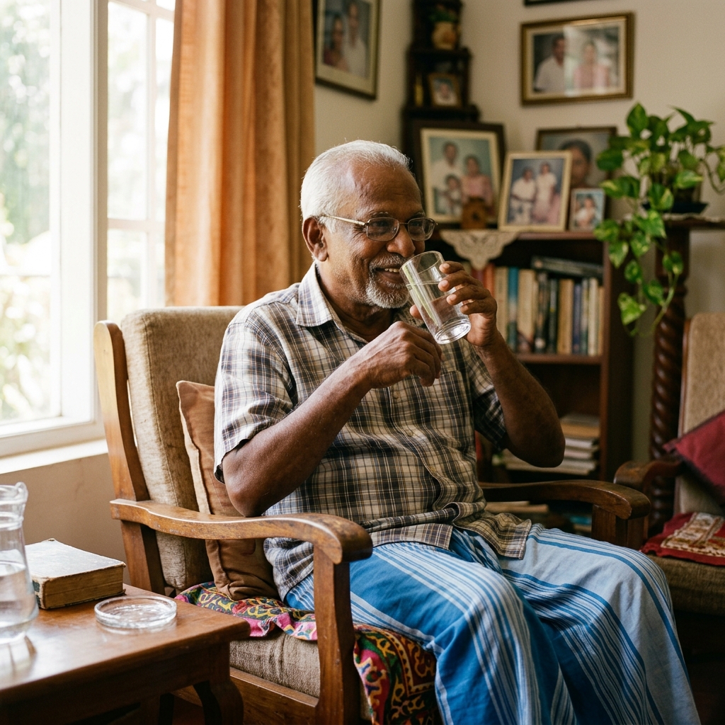 Elderly parent drinking water comfortably at home