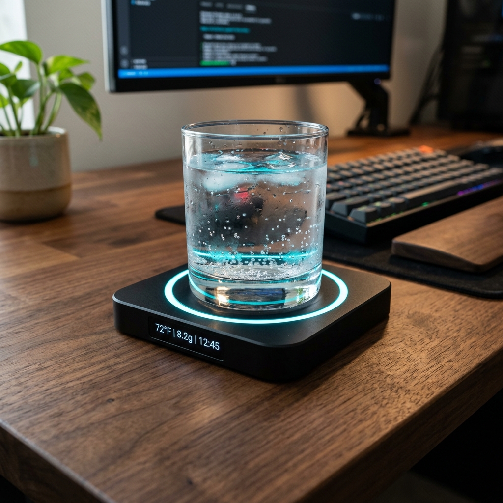 Hydro-Habit Smart Coaster on a wooden desk showing the OLED display reading 800/2000ml with a glowing LED ring around a glass of water